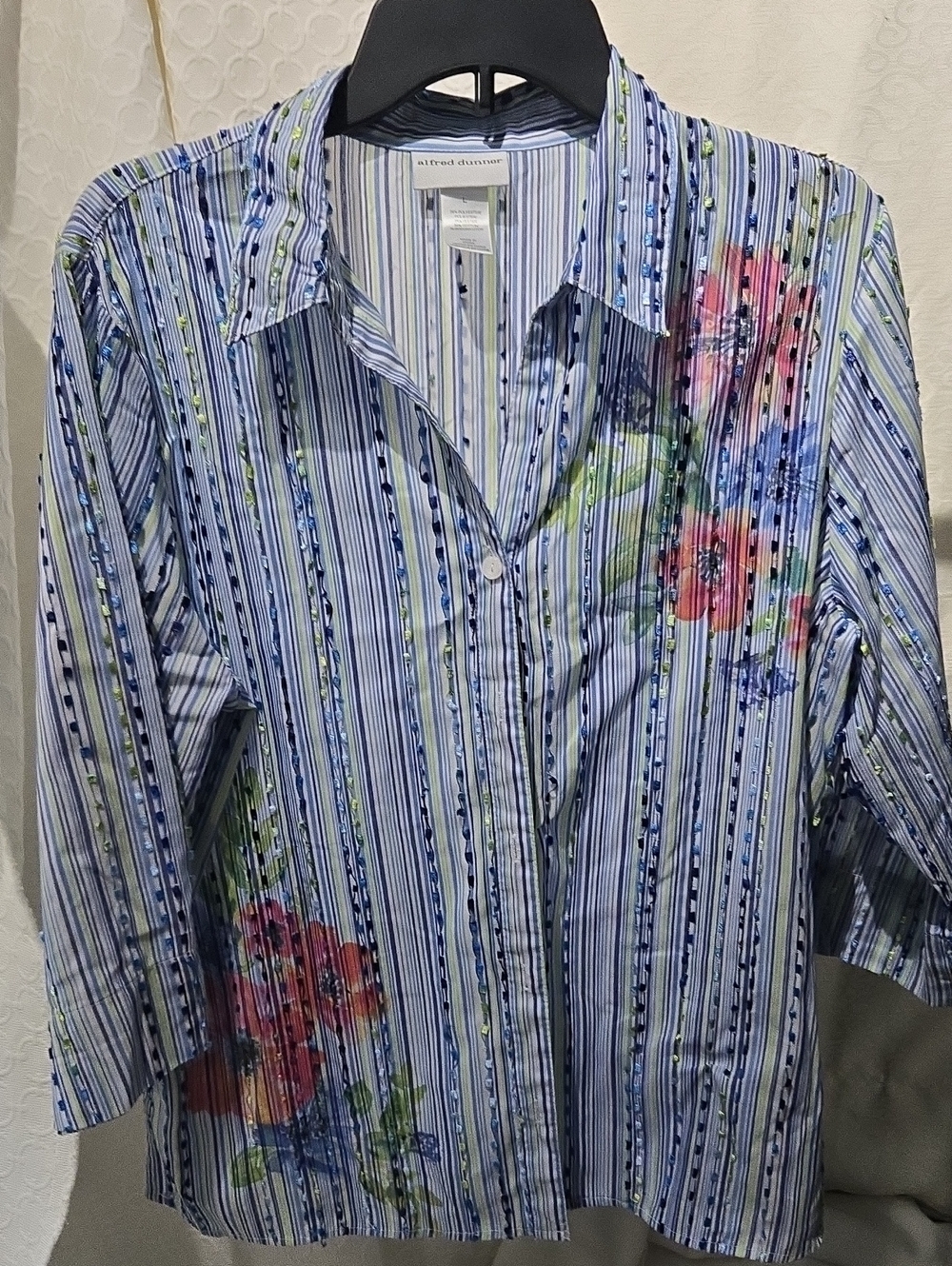 Alfred Dunner Blue, White & Pink Floral Striped Button-Down